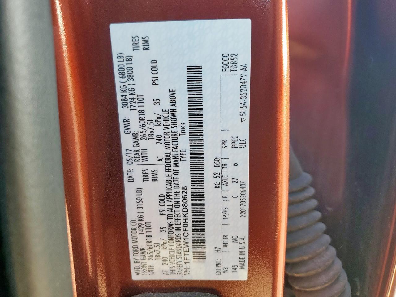 2017 Ford F150 Supercrew VIN: 1FTEW1CF0HKD80628 Lot: 90869795