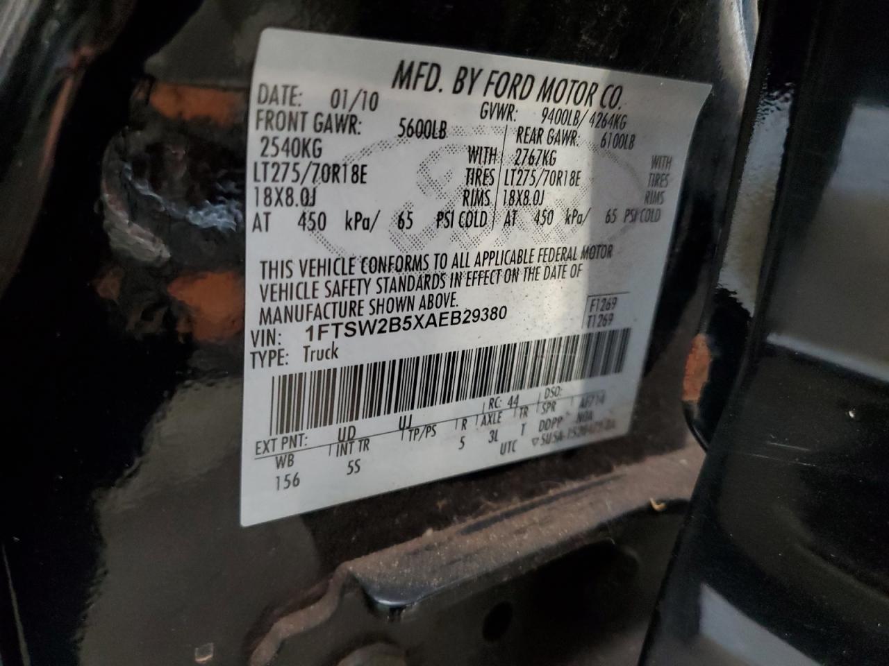 2010 Ford F250 Super Duty VIN: 1FTSW2B5XAEB29380 Lot: 85056275