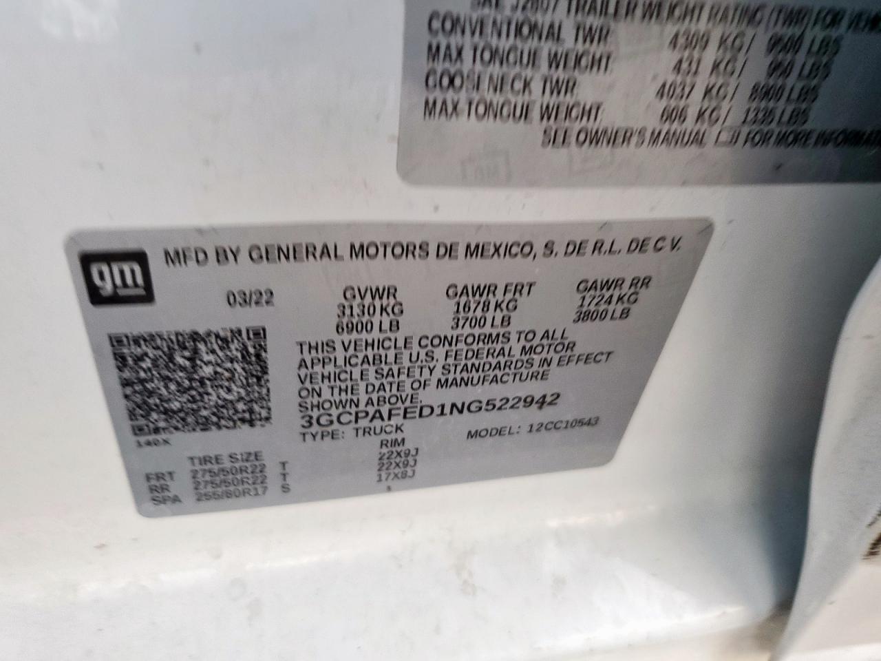 2022 Chevrolet Silverado C1500 High Country VIN: 3GCPAFED1NG522942 Lot: 85318435