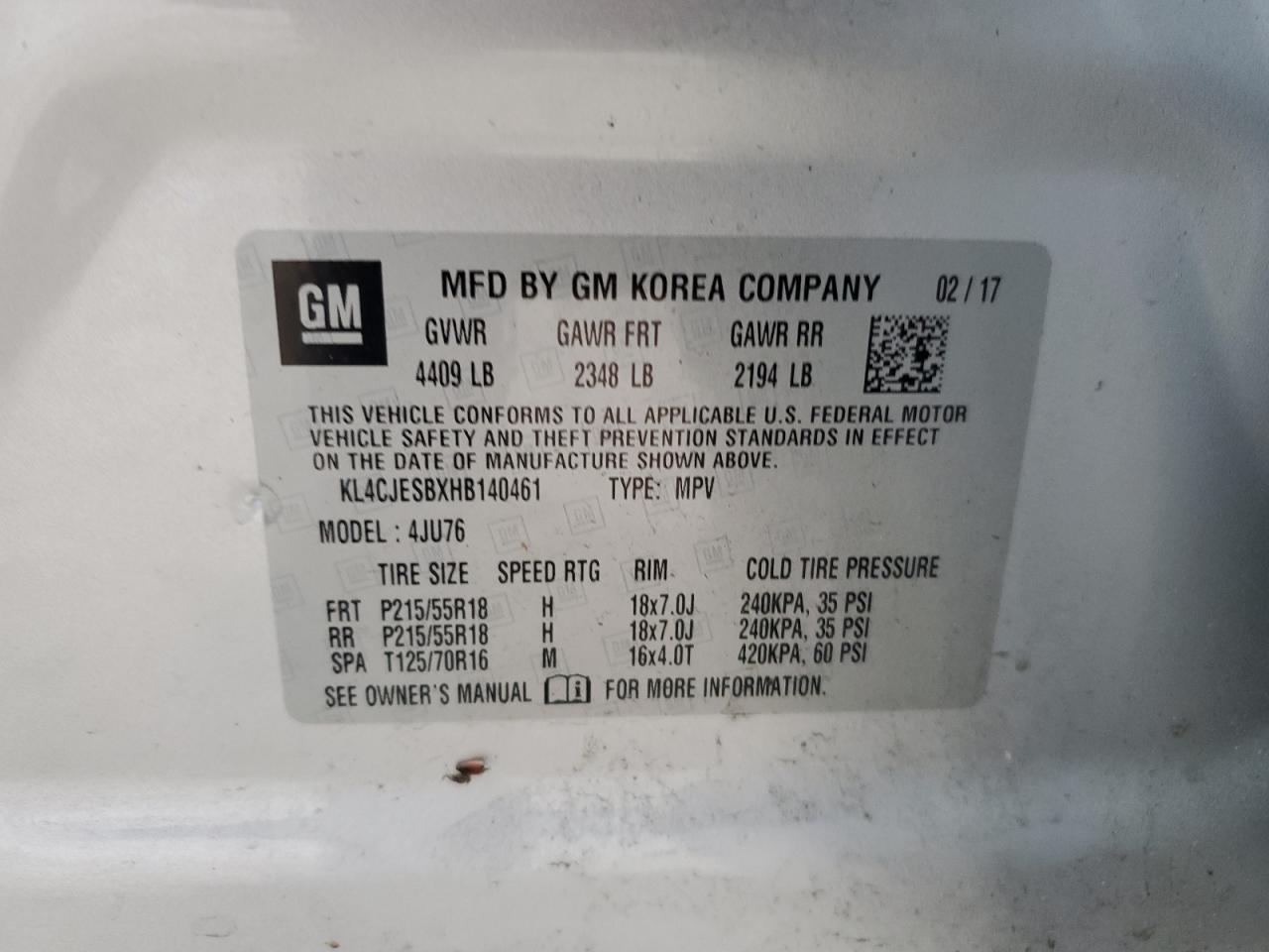 2017 Buick Encore Preferred VIN: KL4CJESBXHB140461 Lot: 90084125