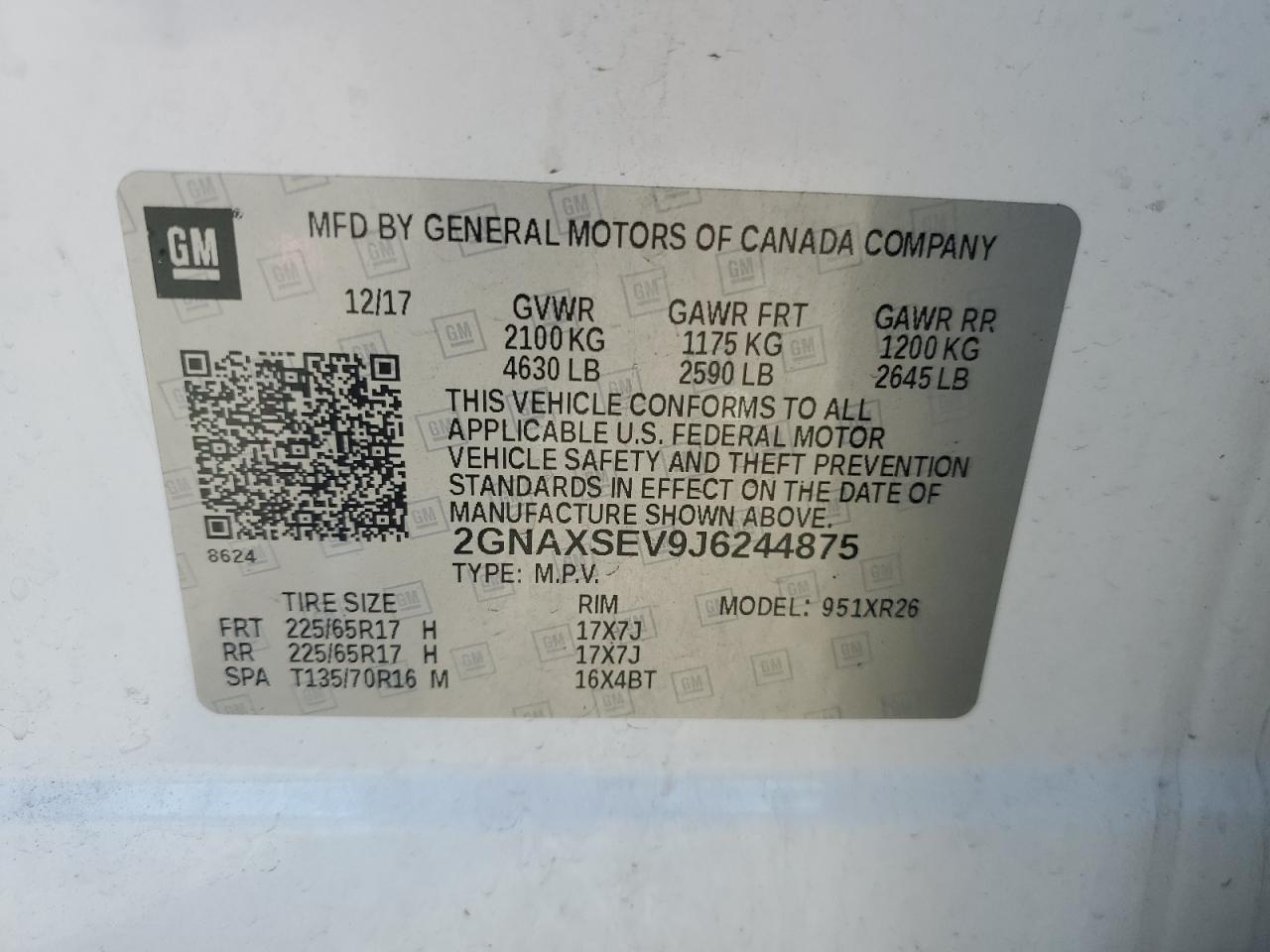 2018 Chevrolet Equinox Lt VIN: 2GNAXSEV9J6244875 Lot: 84864315