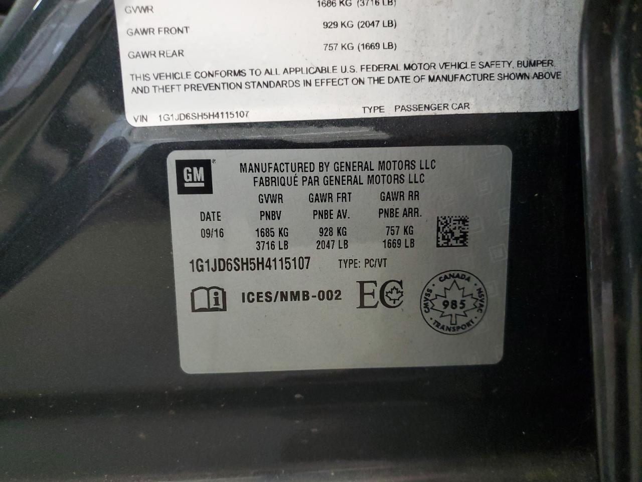2017 Chevrolet Sonic Lt VIN: 1G1JD6SH5H4115107 Lot: 85110035