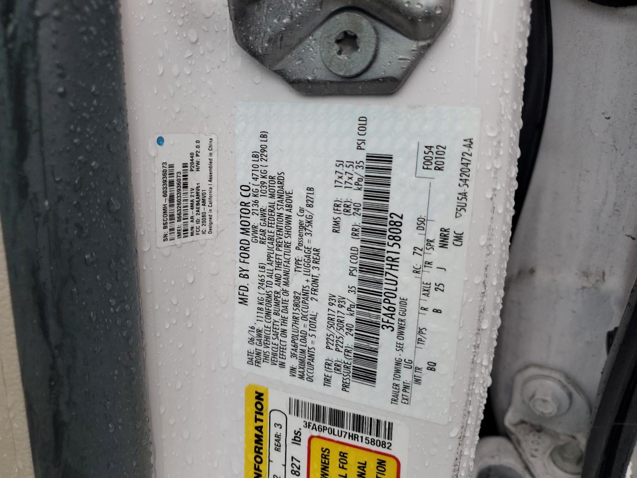 2017 Ford Fusion Se Hybrid VIN: 3FA6P0LU7HR158082 Lot: 82453965