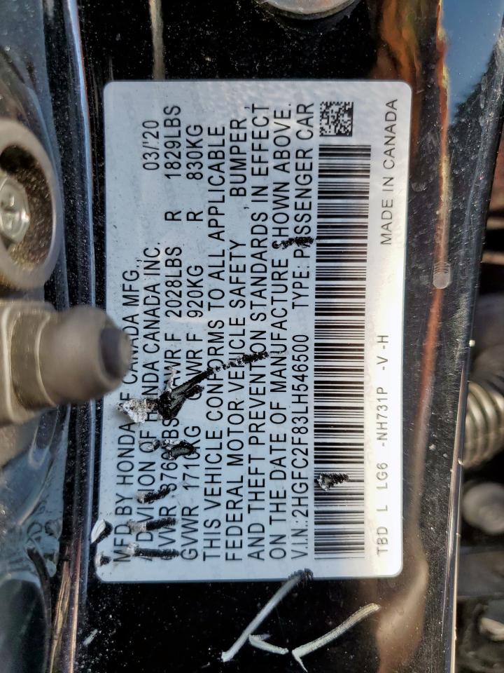 2020 Honda Civic Sport VIN: 2HGFC2F83LH546500 Lot: 85307765