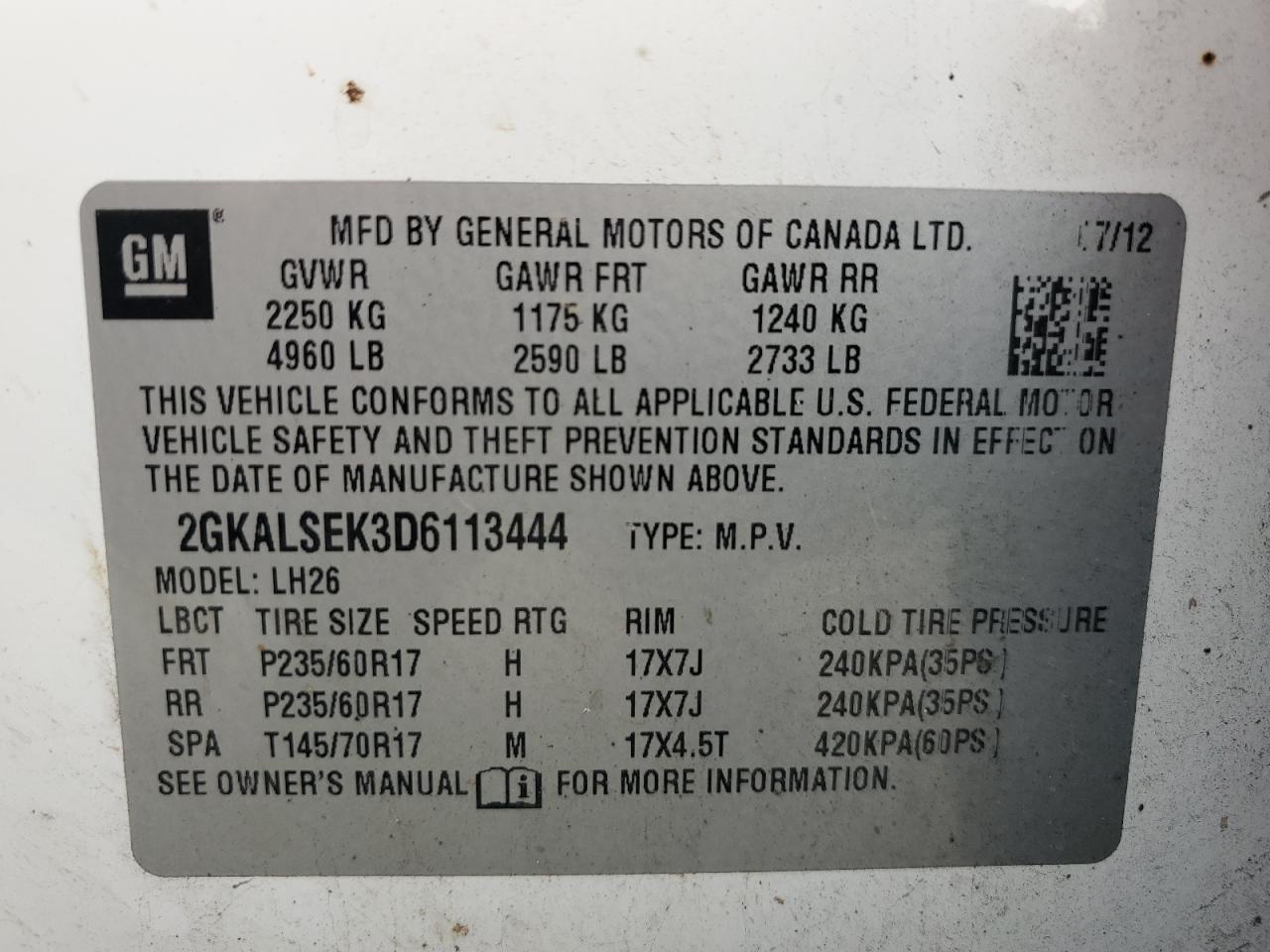 2013 GMC Terrain Sle VIN: 2GKALSEK3D6113444 Lot: 89437125