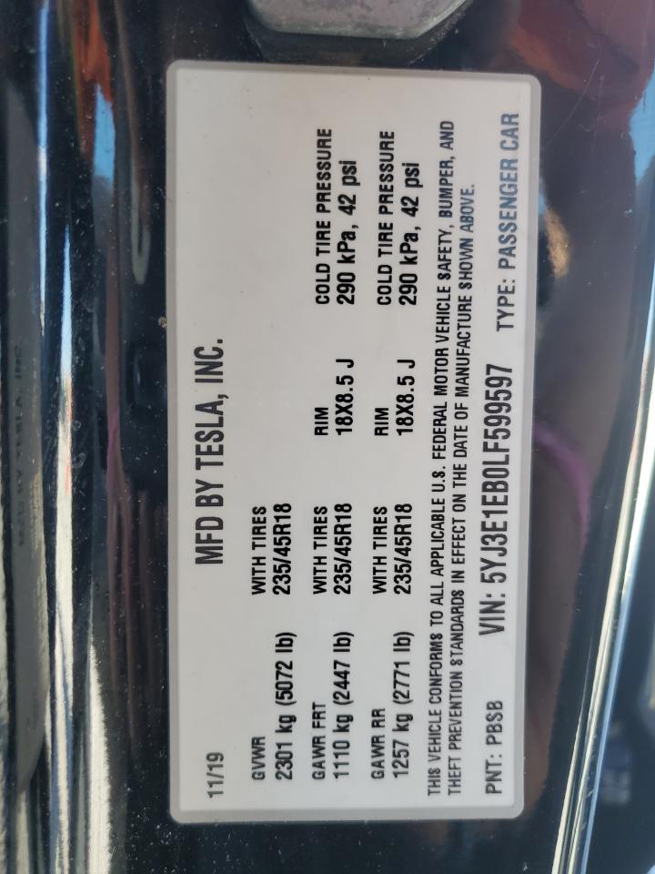 2020 Tesla Model 3 VIN: 5YJ3E1EB0LF599597 Lot: 84957975