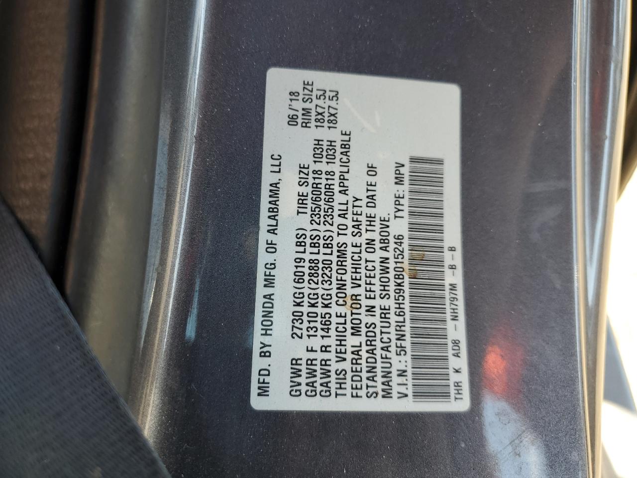 2019 Honda Odyssey Ex VIN: 5FNRL6H59KB015246 Lot: 85702795