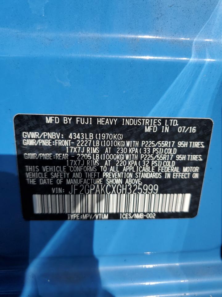 2016 Subaru Crosstrek Limited VIN: JF2GPAKCXGH325999 Lot: 86284905