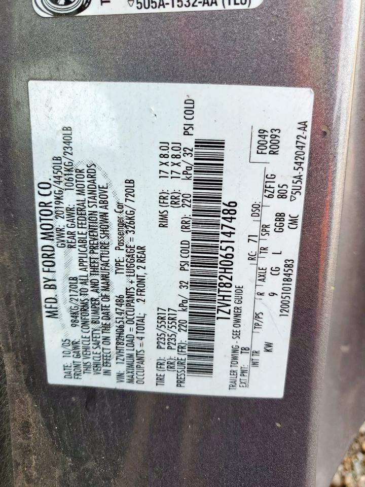 2006 Ford Mustang Gt VIN: 1ZVHT82H065147486 Lot: 86182375