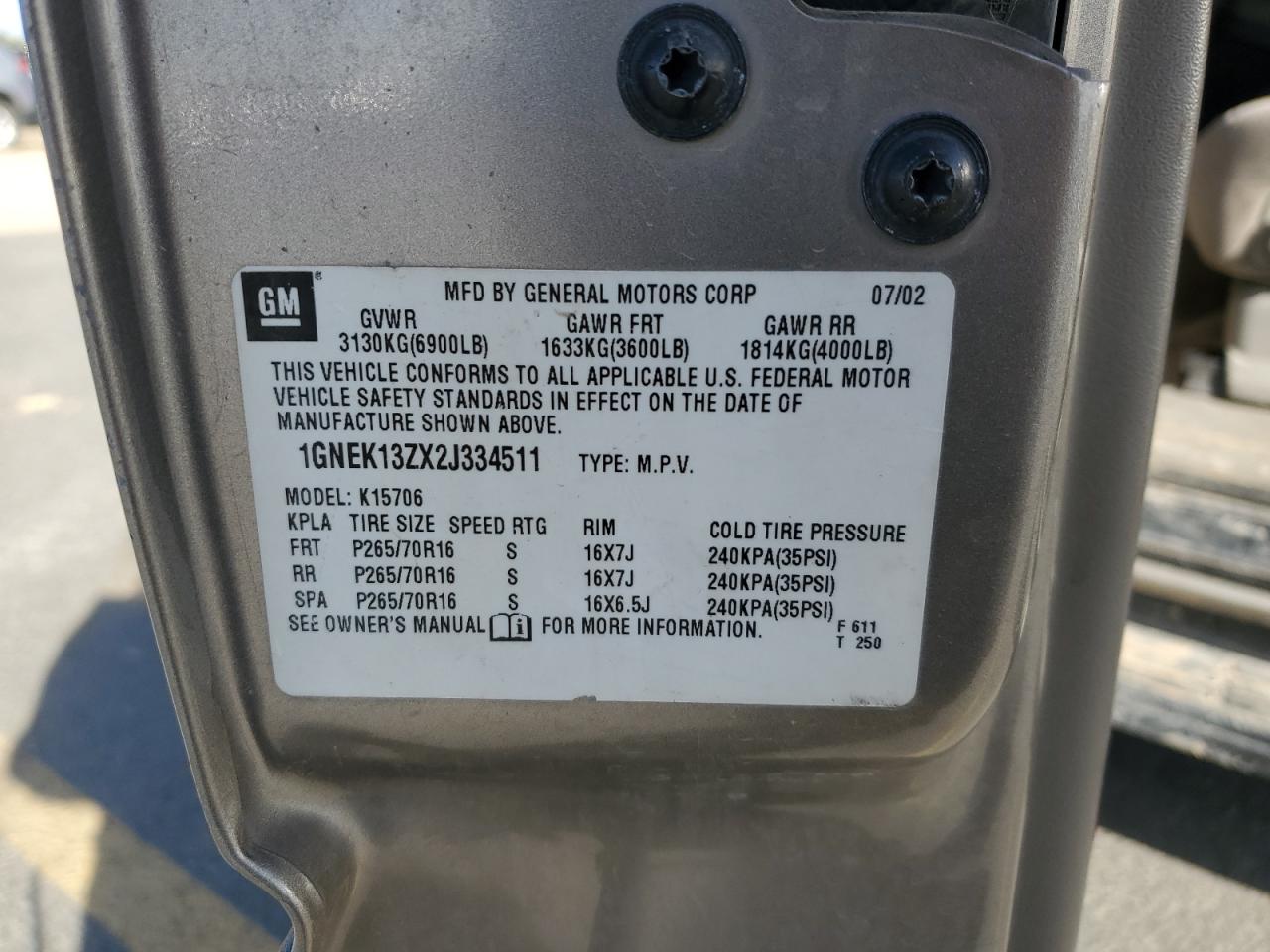 2002 Chevrolet Tahoe K1500 VIN: 1GNEK13ZX2J334511 Lot: 90374805