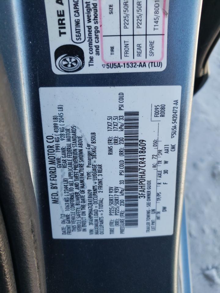 2012 Ford Fusion Se VIN: 3FAHP0HA7CR418609 Lot: 82705565
