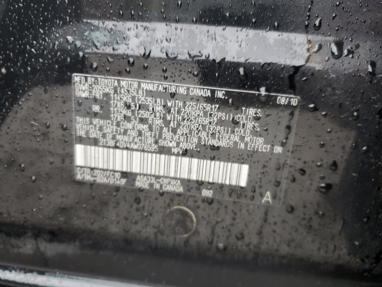 2010 Toyota Rav4 VIN: 2T3BF4DV4AW076595 Lot: 86518515