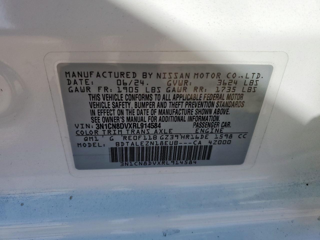 2024 Nissan Versa S VIN: 3N1CN8DVXRL914584 Lot: 85009435