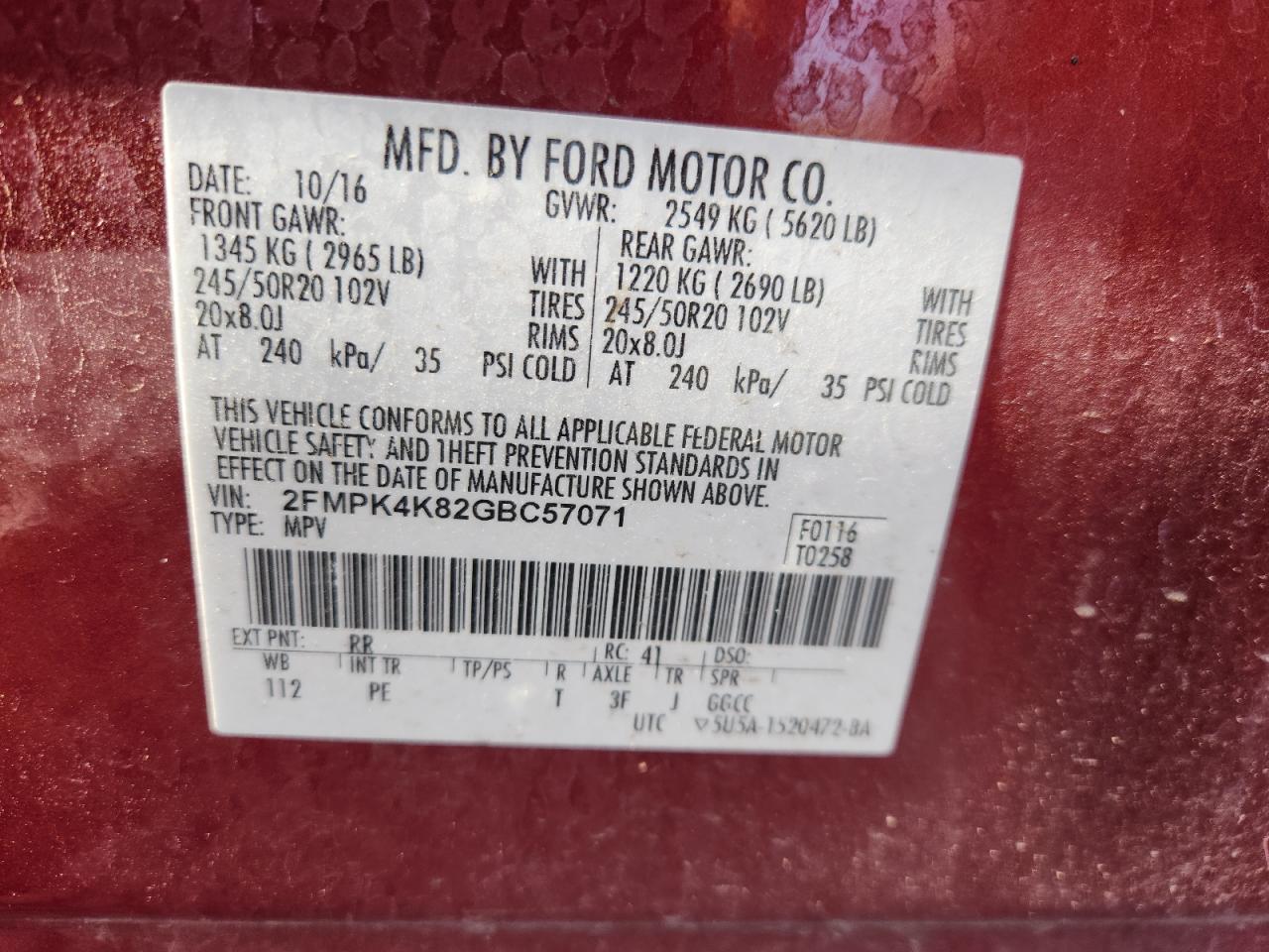 2016 Ford Edge Titanium VIN: 2FMPK4K82GBC57071 Lot: 86792145