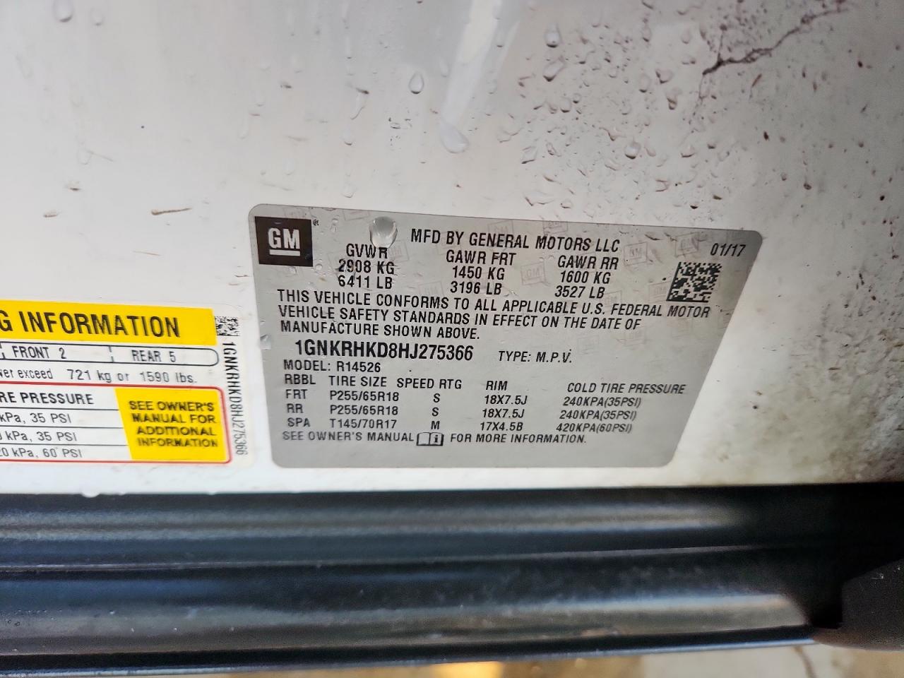 2017 Chevrolet Traverse Lt VIN: 1GNKRHKD8HJ275366 Lot: 85379355
