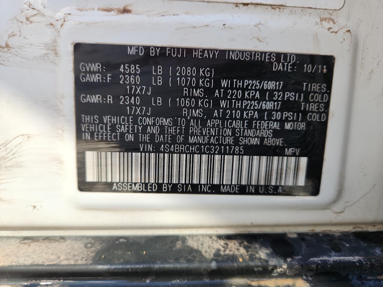 2012 Subaru Outback 2.5I Premium VIN: 4S4BRCHC1C3211785 Lot: 84915055