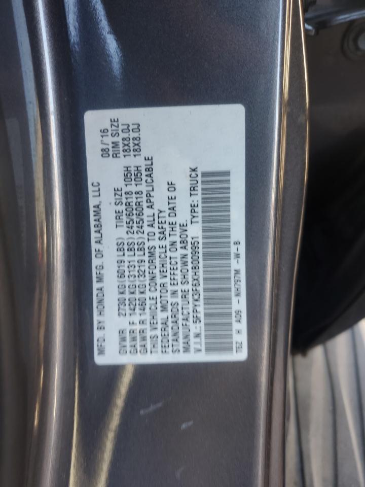 2017 Honda Ridgeline Rtl VIN: 5FPYK3F6XHB009951 Lot: 82387445