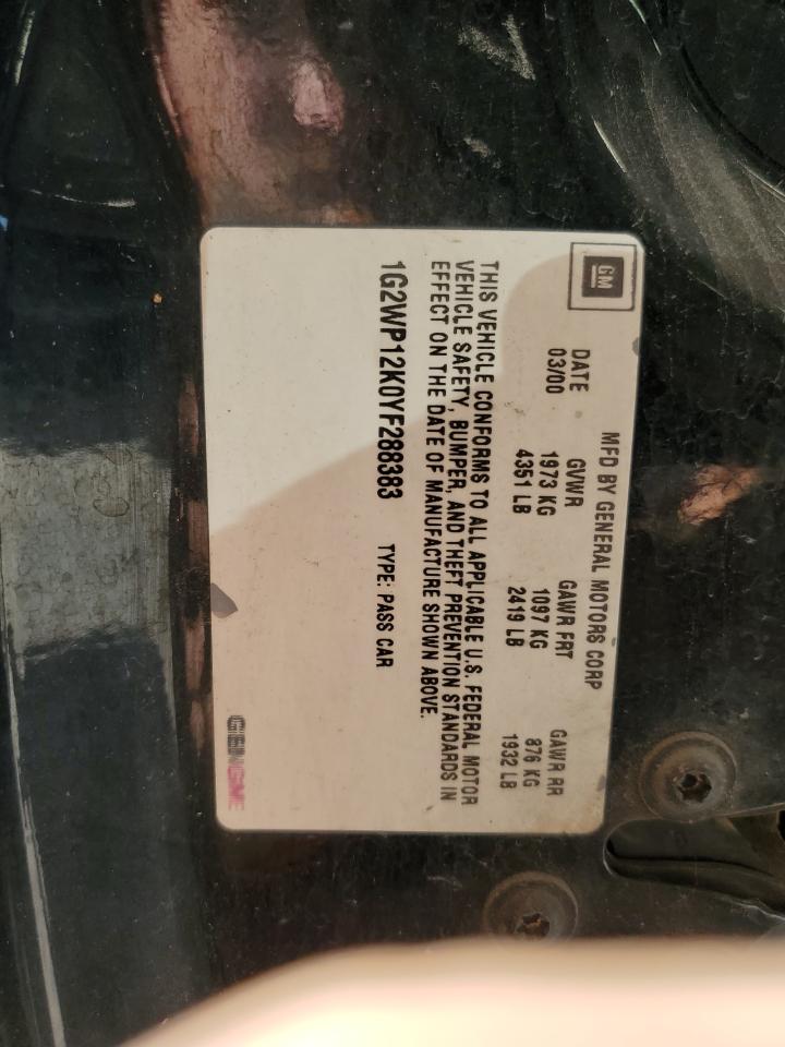 2000 Pontiac Grand Prix Gt VIN: 1G2WP12K0YF288383 Lot: 84016545