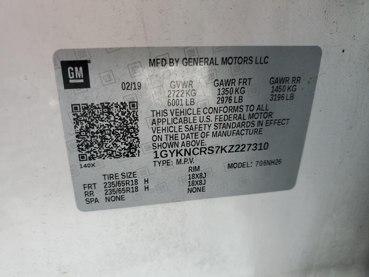 2019 Cadillac Xt5 Luxury VIN: 1GYKNCRS7KZ227310 Lot: 82504735