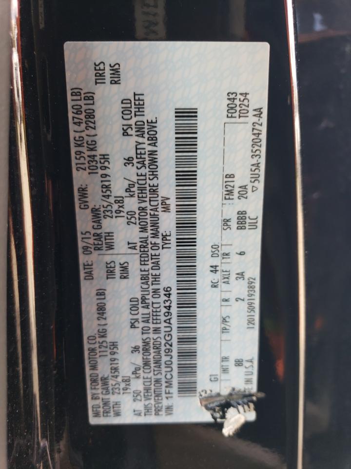 2016 Ford Escape Titanium VIN: 1FMCU0J92GUA94346 Lot: 89435845