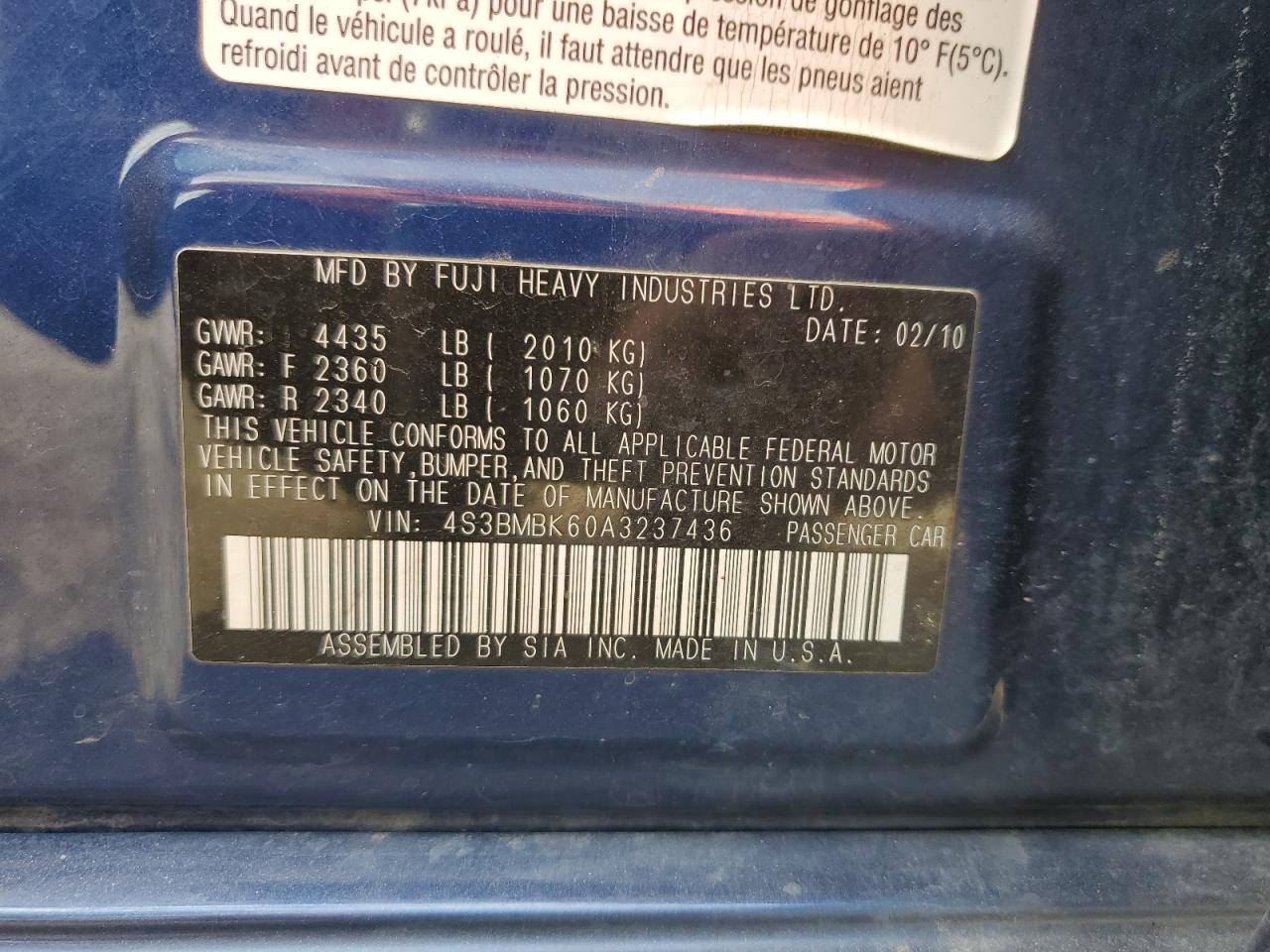 2010 Subaru Legacy 2.5I Limited VIN: 4S3BMBK60A3237436 Lot: 81966725