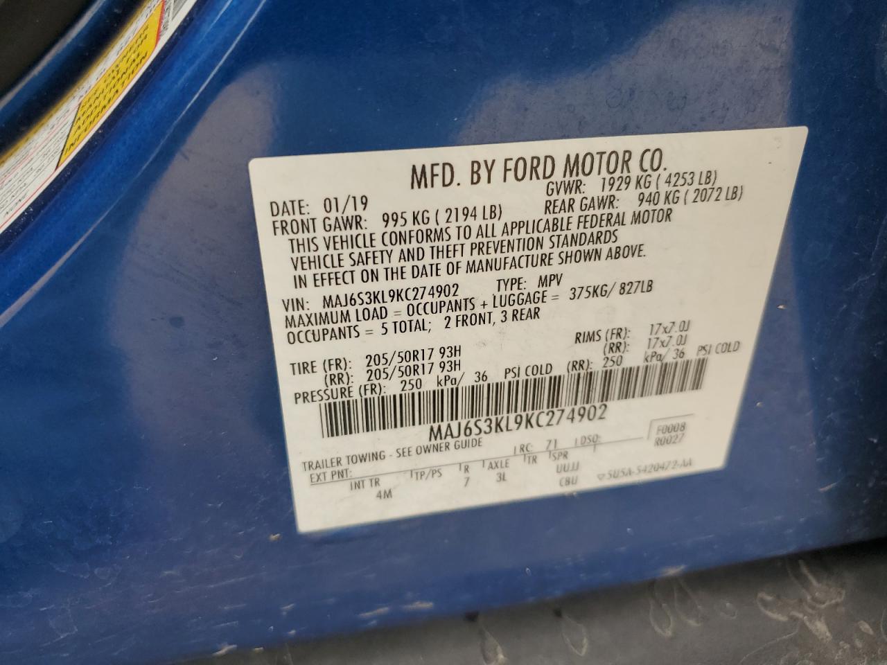 2019 Ford Ecosport Titanium VIN: MAJ6S3KL9KC274902 Lot: 86480985