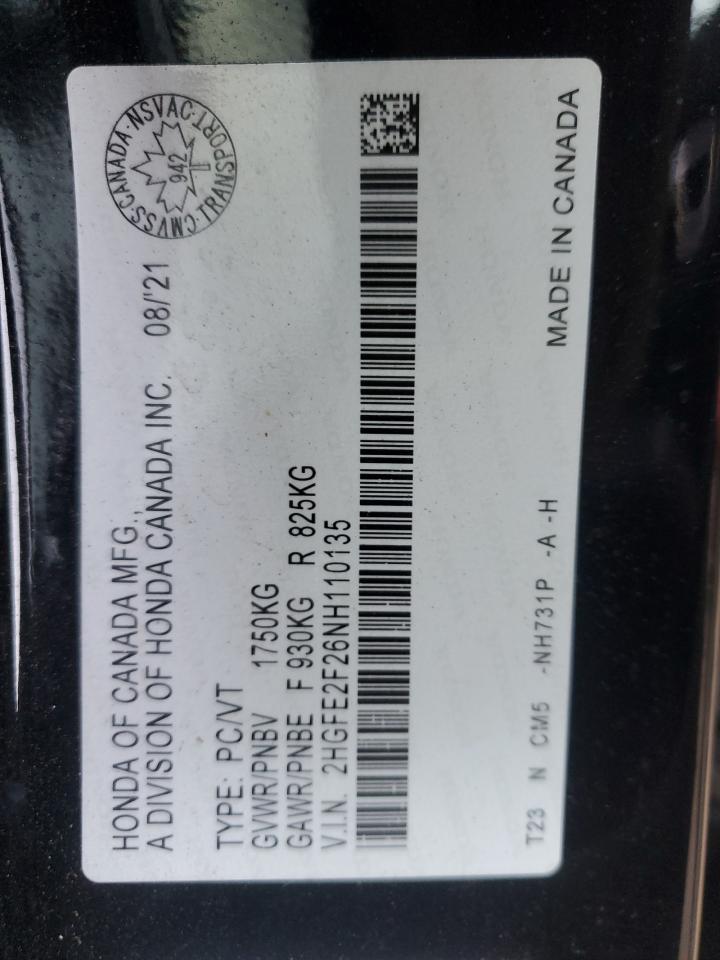 2022 Honda Civic Lx VIN: 2HGFE2F26NH110135 Lot: 85562985