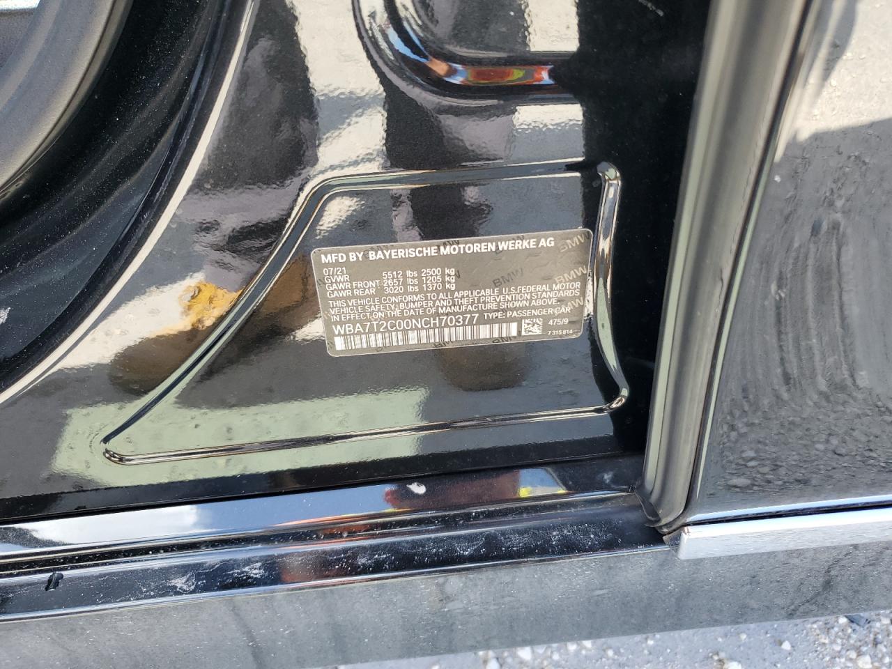 2022 BMW 740 I VIN: WBA7T2C00NCH70377 Lot: 84569905