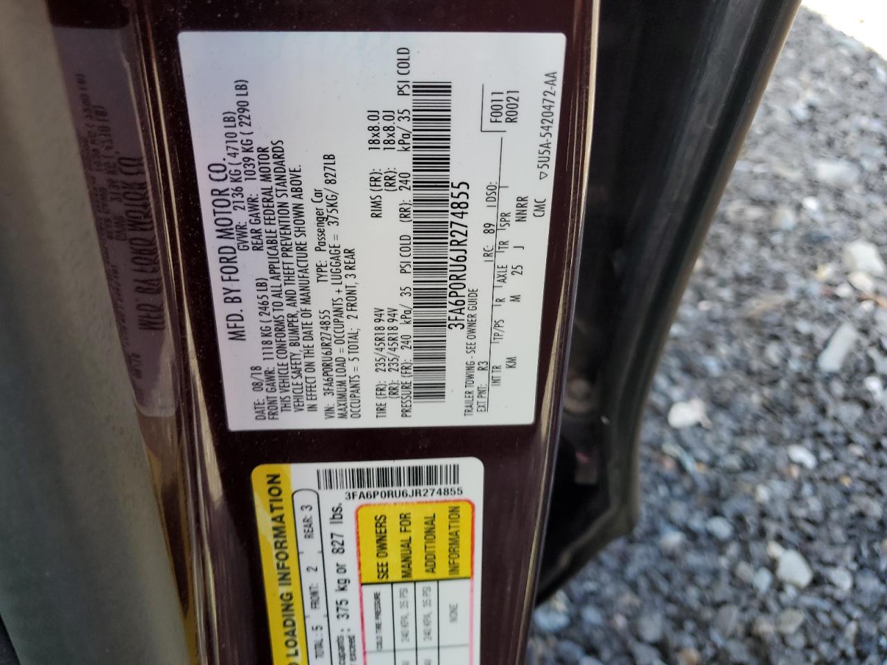 2018 Ford Fusion Titanium/Platinum Hev VIN: 3FA6P0RU6JR274855 Lot: 86088575