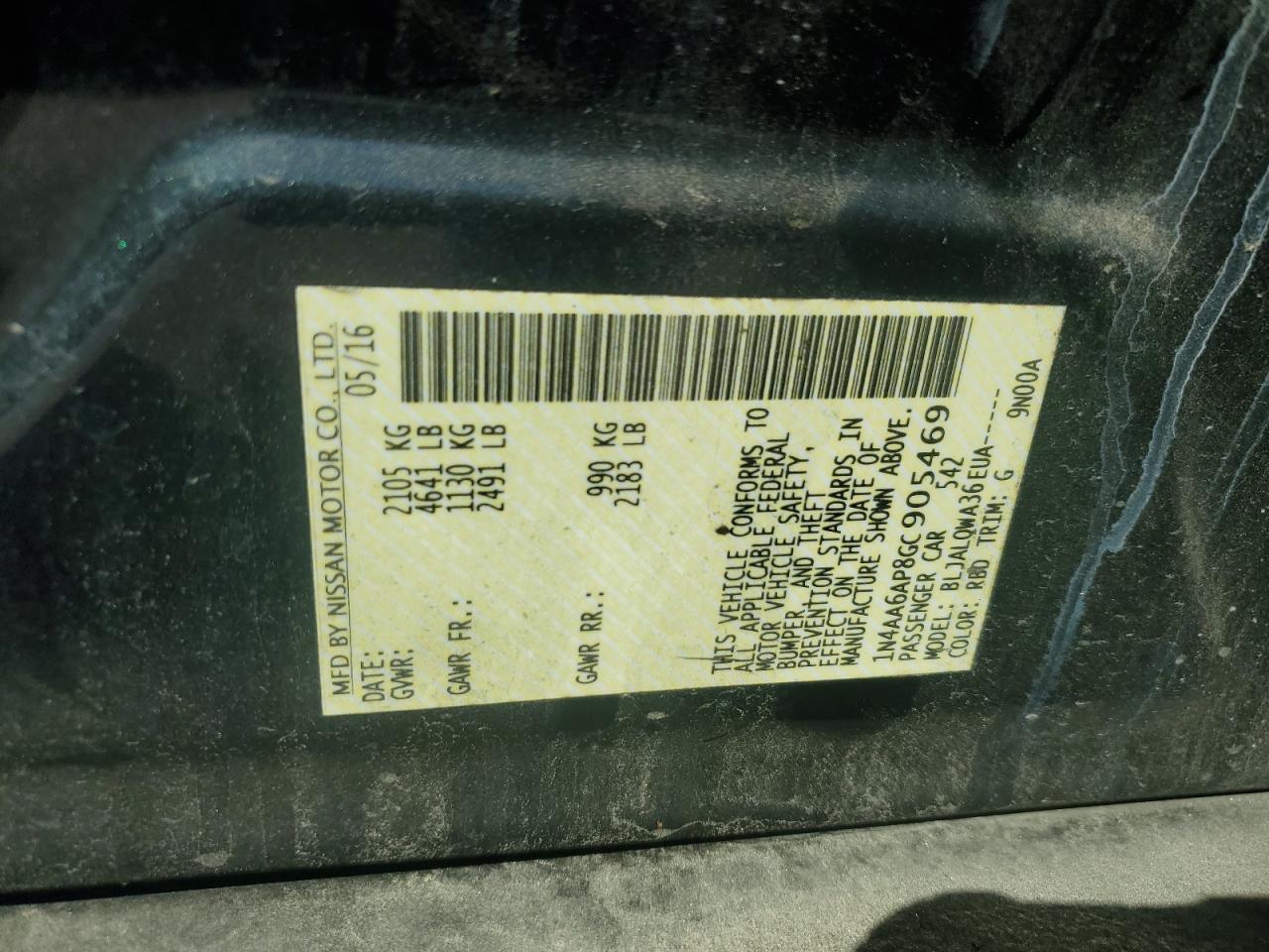 2016 Nissan Maxima 3.5S VIN: 1N4AA6AP8GC905469 Lot: 82567895