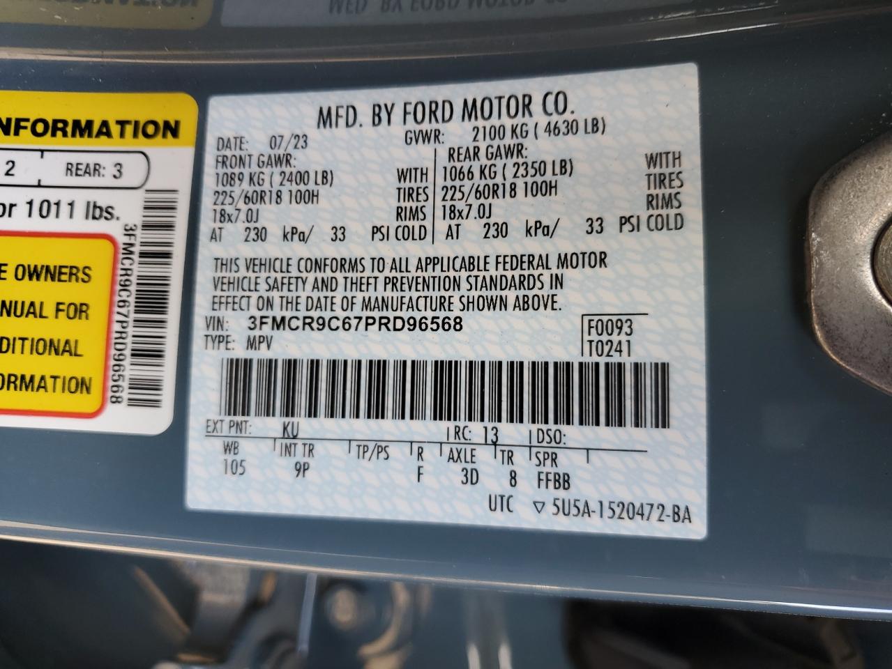 2023 Ford Bronco Sport Outer Banks VIN: 3FMCR9C67PRD96568 Lot: 87303045