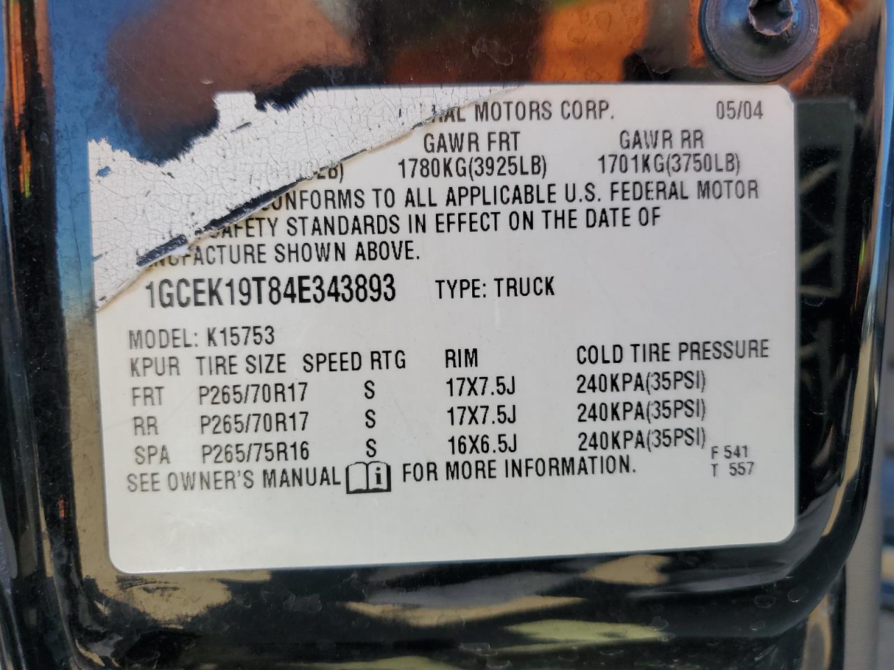 2004 Chevrolet Silverado K1500 VIN: 1GCEK19T84E343893 Lot: 84538055