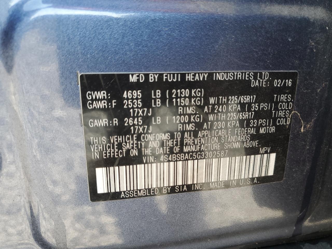 2016 Subaru Outback 2.5I VIN: 4S4BSBAC5G3302587 Lot: 85112475