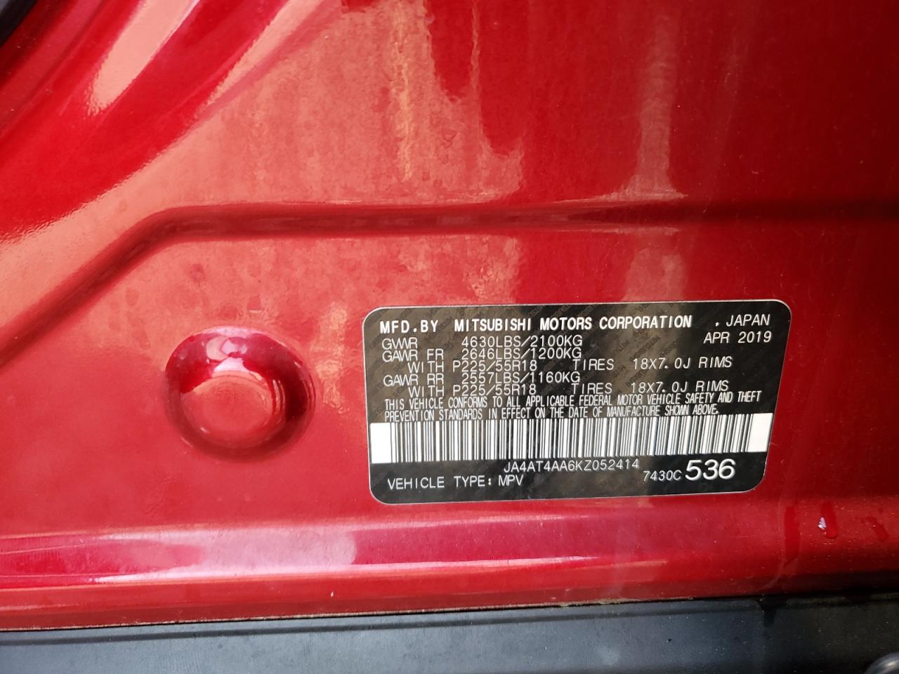 2019 Mitsubishi Eclipse Cross Le VIN: JA4AT4AA6KZ052414 Lot: 85749525