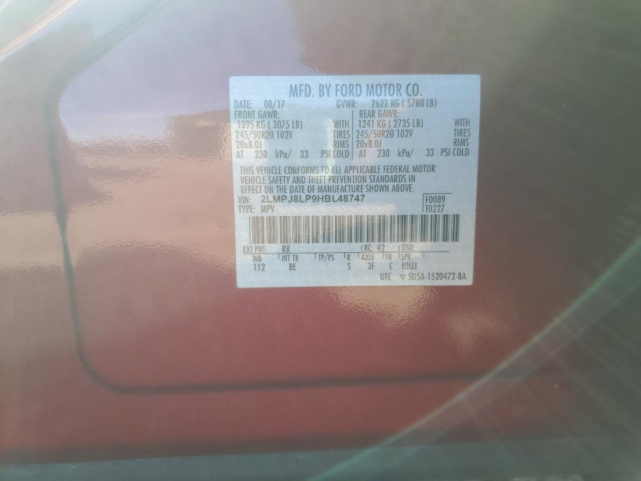 2017 Lincoln Mkx Reserve VIN: 2LMPJ8LP9HBL48747 Lot: 90065325