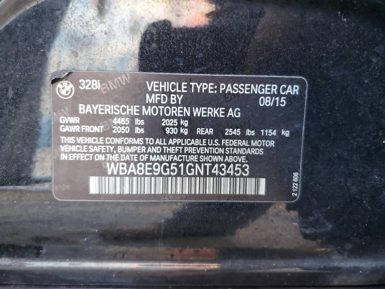 2016 BMW 328 I Sulev VIN: WBA8E9G51GNT43453 Lot: 84877205