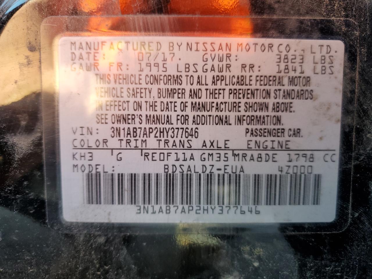 2017 Nissan Sentra S VIN: 3N1AB7AP2HY377646 Lot: 89796565