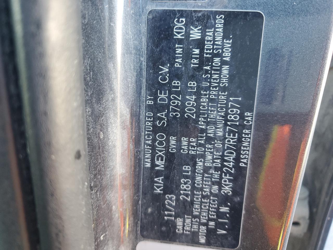 2024 Kia Forte Lx VIN: 3KPF24AD7RE718971 Lot: 87243665