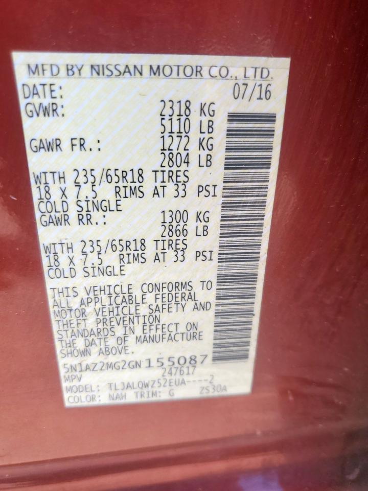 2016 Nissan Murano S VIN: 5N1AZ2MG2GN155087 Lot: 81936995