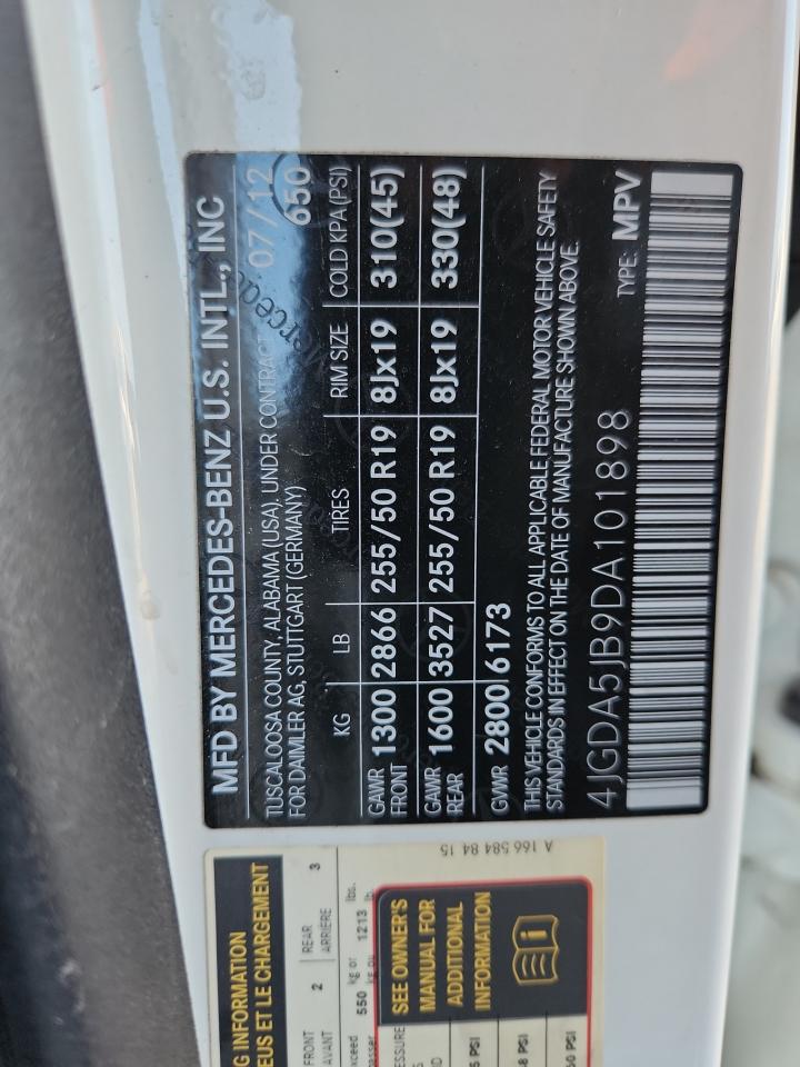 2013 Mercedes-Benz Ml 350 VIN: 4JGDA5JB9DA101898 Lot: 89807935