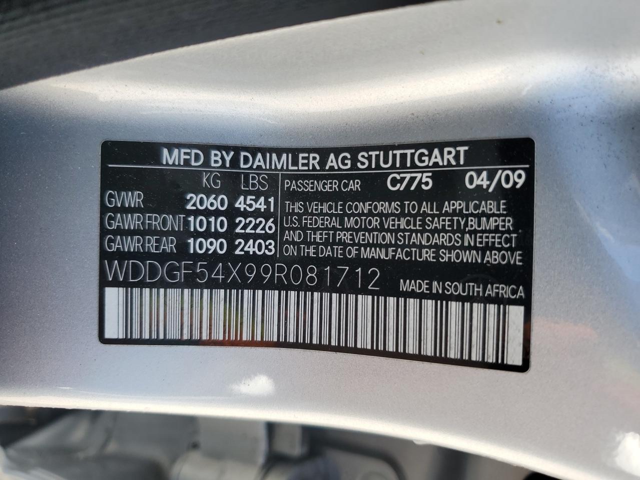 2009 Mercedes-Benz C 300 VIN: WDDGF54X99R081712 Lot: 90077765