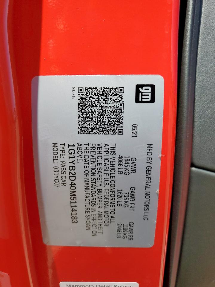 2021 Chevrolet Corvette Stingray 2Lt VIN: 1G1YB2D40M5114183 Lot: 86228905