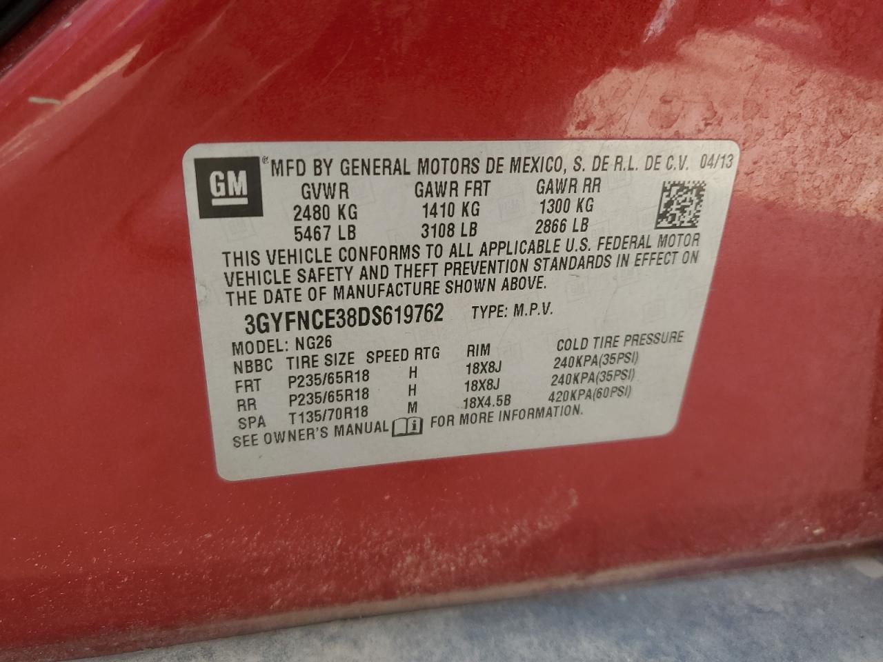 2013 Cadillac Srx Luxury Collection VIN: 3GYFNCE38DS619762 Lot: 81218915