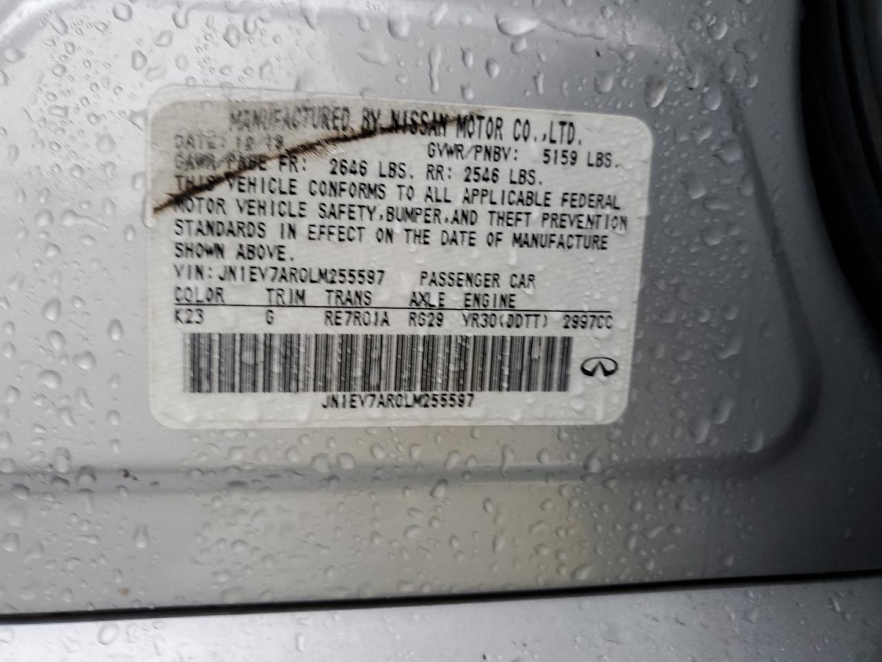 2020 Infiniti Q50 Pure VIN: JN1EV7AR0LM255597 Lot: 90576375