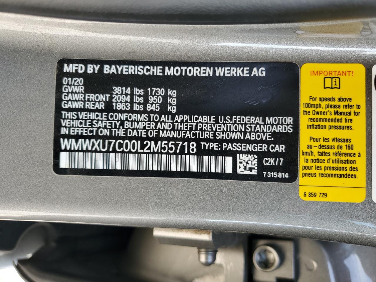 2020 Mini Cooper VIN: WMWXU7C00L2M55718 Lot: 89871015