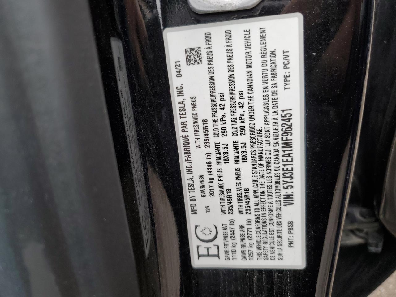 2021 Tesla Model 3 VIN: 5YJ3E1EA1MF962451 Lot: 84536305