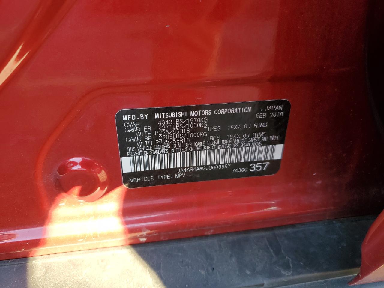 2018 Mitsubishi Outlander Sport Sel VIN: JA4AR4AW2JU008657 Lot: 85478055