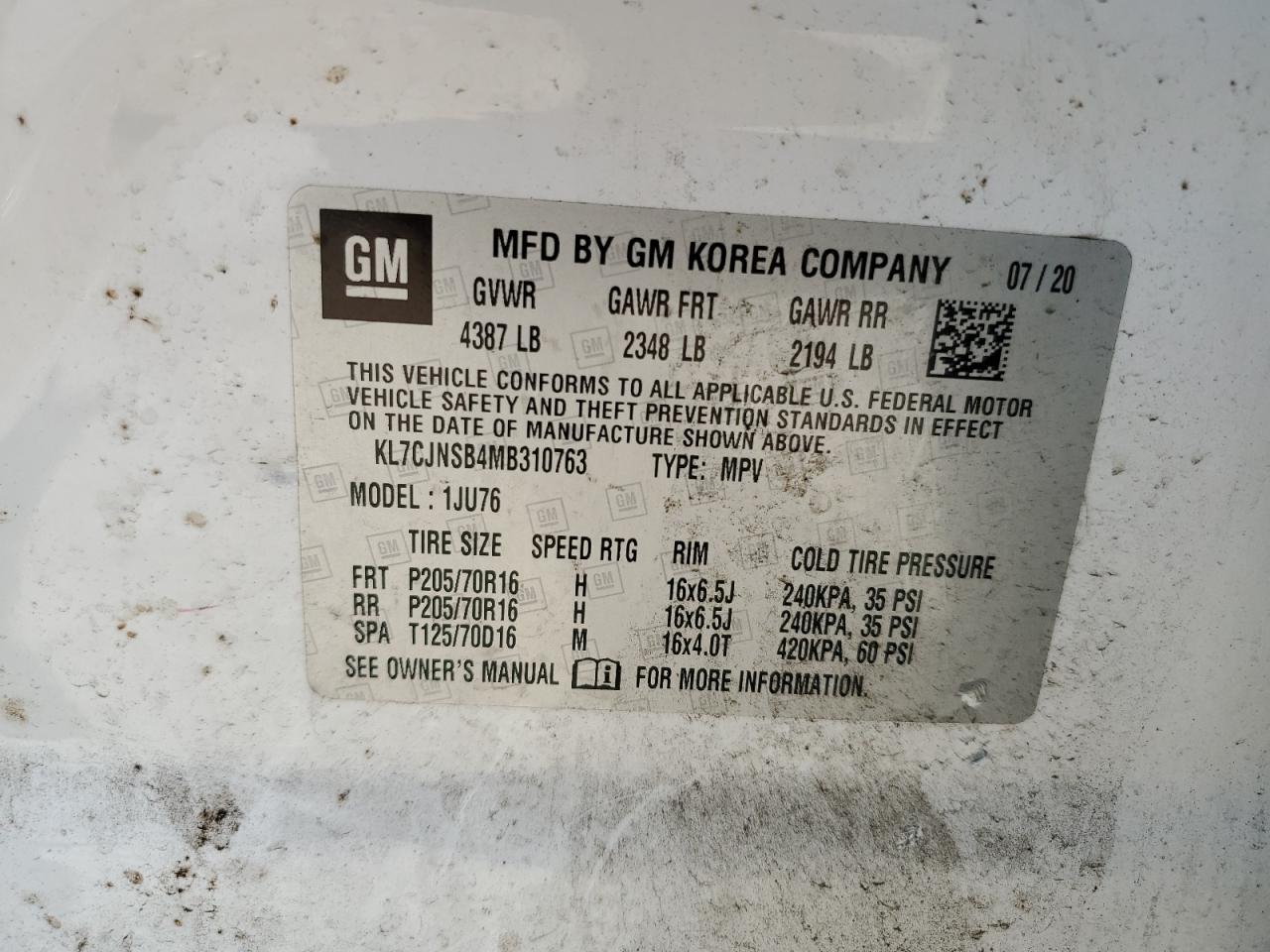 2021 Chevrolet Trax Ls VIN: KL7CJNSB4MB310763 Lot: 85309275