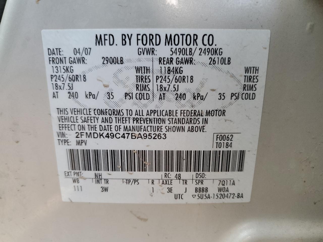 2007 Ford Edge Sel Plus VIN: 2FMDK49C47BA95263 Lot: 87093265
