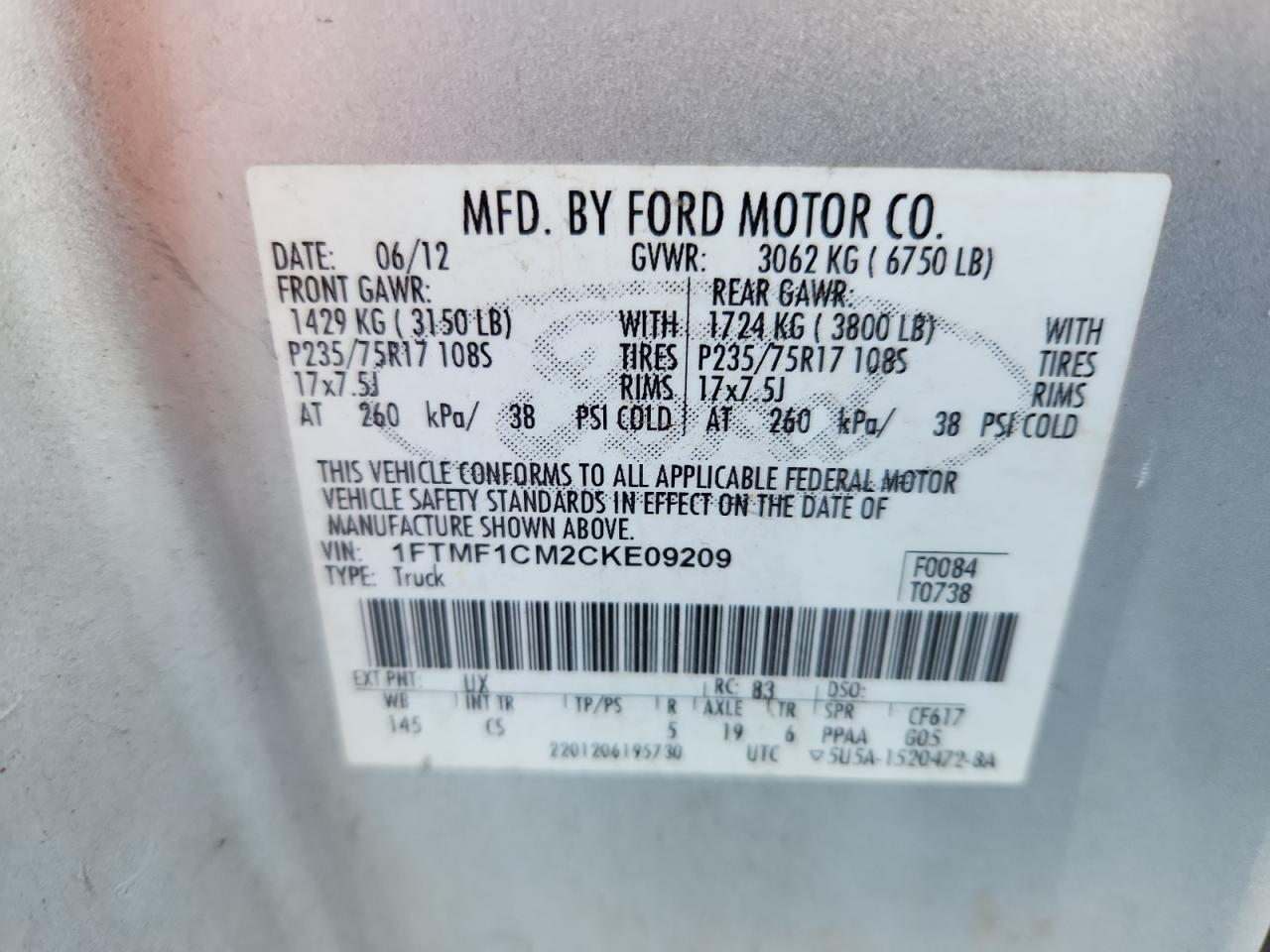 2012 Ford F150 VIN: 1FTMF1CM2CKE09209 Lot: 84871275